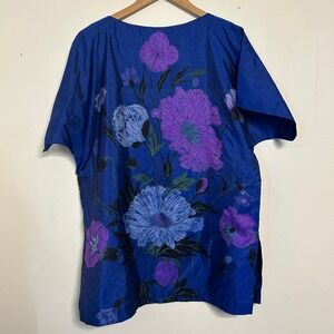 Blue Floral Tunic Top Kaftan Style Short Sleeve Oversized